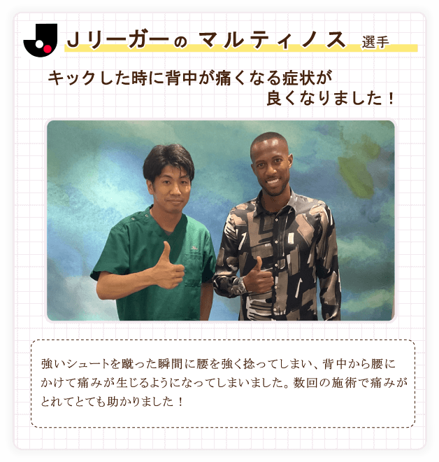 Jリーガーのマルティノス選手がご来院。背中の痛みが改善